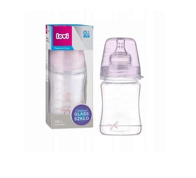 LOVI Diamond Glass szklana butelka do karmienia, 150ml, 0+ mini, różowa wstążeczka Butelki i Kubki